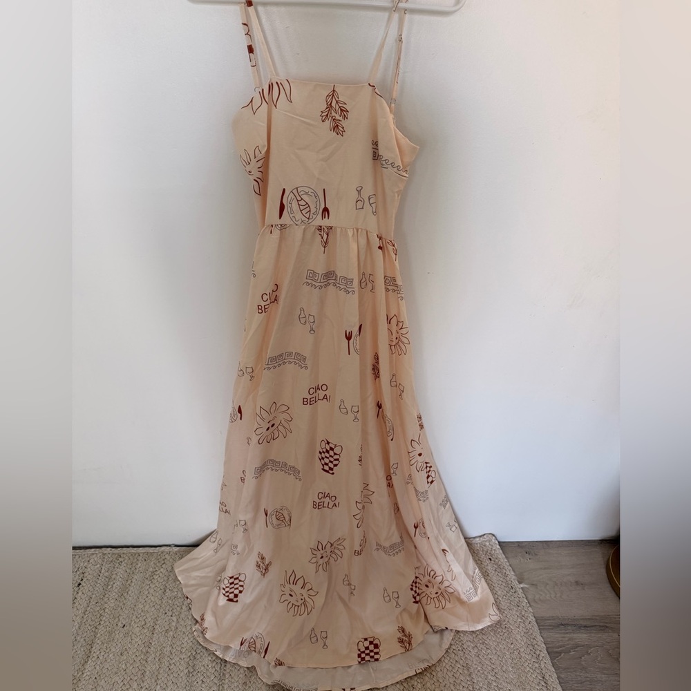Beige Maxi Dress with Red Print